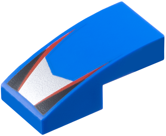 LEGO 11477pb219 - Slope, Curved 2 x 1 x 2/3 with Silver V-Shaped Center Panel, Red Stripes, Black Triangles Pattern