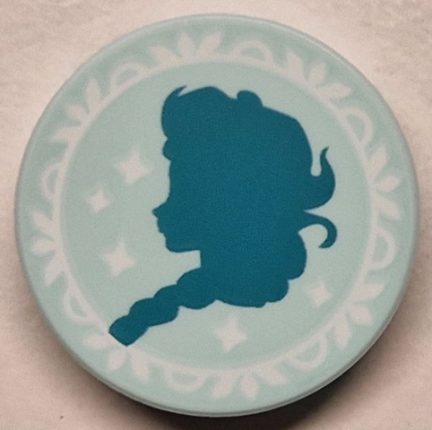 LEGO 14769pb0663 - Tile, Round 2 x 2 with Bottom Stud Holder with Dark Turquoise Elsa Silhouette and White Frame and Sparkles Pattern