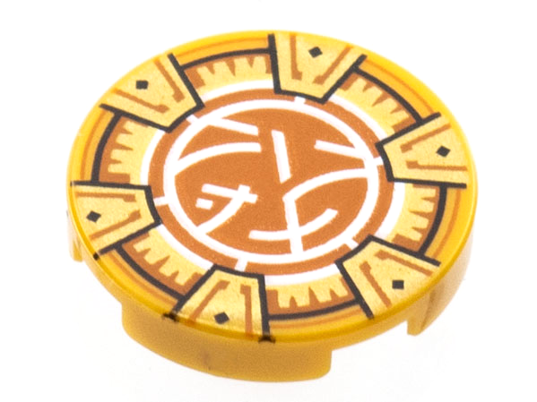 LEGO 14769pb501 - Tile, Round 2 x 2 with Bottom Stud Holder with Gold Frame with 6 Chevrons, Dark Orange and White Core Logo Pattern