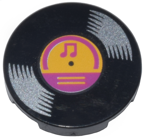 LEGO 14769pb571 - Tile, Round 2 x 2 with Bottom Stud Holder with Vinyl Record with Bright Light Orange and Magenta Center and Music Notes Pattern