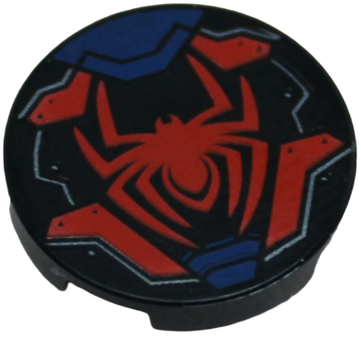 LEGO 14769pb843 - Tile, Round 2 x 2 with Bottom Stud Holder with Spider, Dark Blue and Red Armor Plates, Dark Silver Outlines and Rivets Pattern