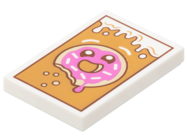 LEGO 26603pb473 - Tile 2 x 3 with Dripping Icing, Crumbs, Tan Donut / Doughnut with Bite, Sprinkles, Dark Pink Frosting and Reddish Brown Eyes on Medium Nougat Background Pattern