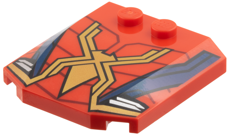 LEGO 45677pb176 - Wedge 4 x 4 x 2/3 Triple Curved with Dark Red Webs, Gold Spider, Dark Blue Stripes Pattern