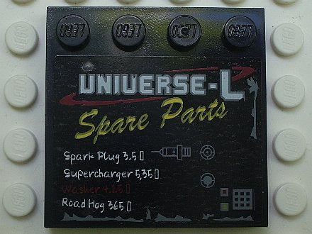 LEGO 6179pb016 - Tile, Modified 4 x 4 with Studs on Edge with 'UNIVERSE-L Spare Parts' and Price List Pattern (Sticker) - Set 5980