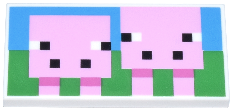 LEGO 87079pb1490 - Tile 2 x 4 with Pixelated Bright Pink Minecraft Pig and Baby Pig on Green Grass and Dark Azure Sky Background Pattern