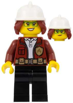 LEGO Minifigure cty1288 - Fire Chief, Female - Freya McCloud, Dark Red Jacket, Black Legs, White Fire Helmet, Open Mouth Smile / Lopsided Grin Pattern