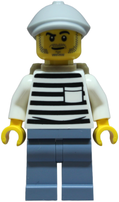 LEGO Minifigure cty1901 - Police - City Jail Prisoner Male, White Shirt with Pocket and Black Stripes, Sand Blue Legs, Light Bluish Gray Flat Cap, Dark Tan Backpack