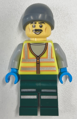 LEGO Minifigure cty1966 - Snowplow Driver - Male, Neon Yellow Safety Vest with Reflective Stripes, Dark Green Legs with Reflective Stripes, Gray Beanie