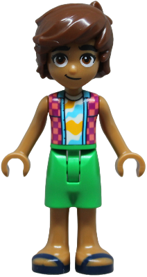 LEGO Minifigure frnd0836 - Friends Leo - Coral and Magenta Checkered Sleeveless Shirt, Bright Green Shorts, Dark Blue Sandals