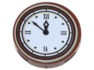 LEGO 14769pb133 - Tile, Round 2 x 2 with Bottom Stud Holder with White Clock Face (Time 11:52) with Black Hands and Roman Numerals Pattern