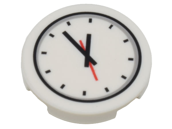 LEGO 14769pb356 - Tile, Round 2 x 2 with Bottom Stud Holder with Clock and Red and Black Hands Pattern