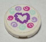 LEGO 14769pb378 - Tile, Round 2 x 2 with Bottom Stud Holder with Medium Lavender Heart and Dark Pink, Light Aqua and Lavender Swirls Pattern (Sticker) - Set 41336