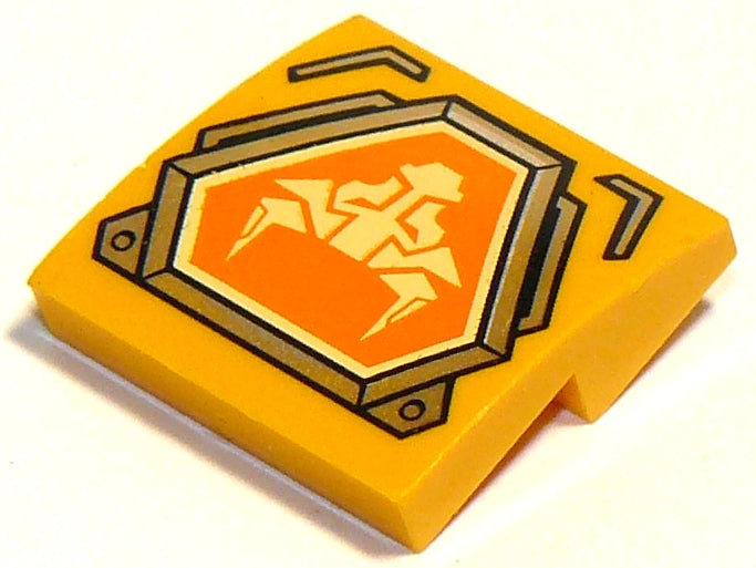 LEGO 15068pb105 - Helling, gebogen 2 x 2 x 2/3 met Bright Light Yellow stierenkop op oranje hexagonaal schild met zilveren randpatroon