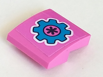 LEGO 15068pb327 - Slope, Curved 2 x 2 x 2/3 with Dark Azure Gear on Dark Pink Background Pattern (Sticker) - Set 41348