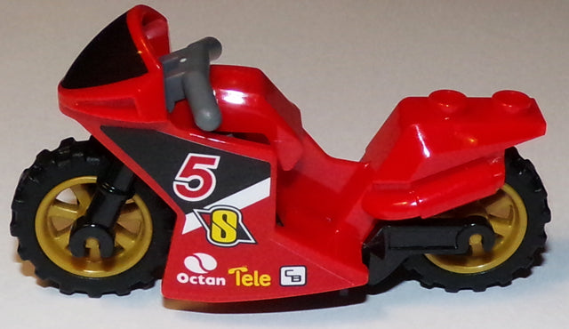 LEGO 18895c01pb03 - Motorfiets Sport Bike met zwart Windscherm Patroon, zwart Frame, Pearl Gold wielen en Donker Blauwgrijs Stuur met Nummer 5 en Octan Logo Patroon aan beide kanten (Stickers) - Set 60084