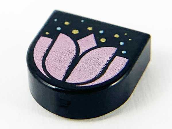 LEGO 24246pb003 - Tile, Round 1 x 1 Half Circle Extended with Metallic Pink Flower, Gold and Metallic Light Blue Dots Pattern