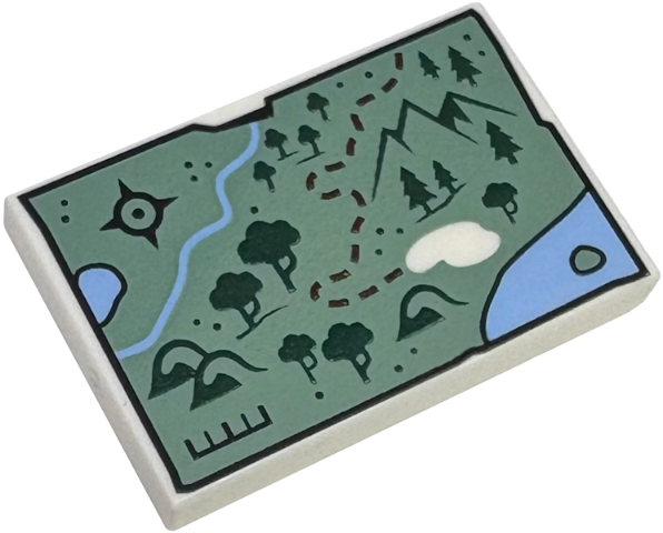 LEGO 26603pb498 - Tile 2 x 3 with Map with Sand Green Land, Bright Light Blue Water, Dark Green Trees and Mountains, Black Compass Rose and Dark Red Dotted Line Pattern