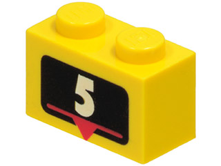 LEGO 3004px2 - Steen 1 x 2 met wit nummer 5 en rode driehoek markering op zwarte achtergrond patroon