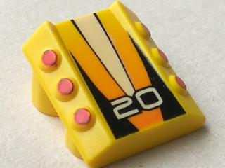 LEGO 30603pb04 - Aangepaste steen 2 x 2 zonder studs, helling met 6 zijpistons verhoogd met wit '20' op zwart en oranje strepen patroon