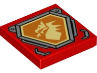 LEGO 3068pb1075 - Tegel 2 x 2 met Helder Lichtgele Drakenkop op Oranje Zeshoekig Schild met Zilveren Randpatroon