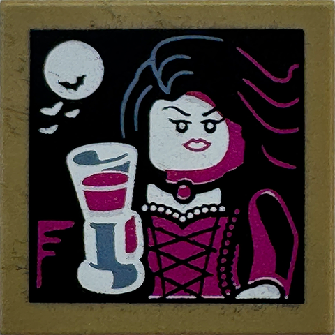 LEGO 3068pb2634 - Tile 2 x 2 with Portrait of Vampire Minifigure with Magenta Dress Holding Goblet, White Moon and Bats on Black Background Pattern