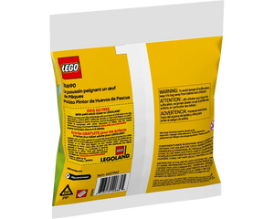 Yellow LEGO 30690 Easter Egg Chick Painting Fun polybag with text in multiple languages, a barcode, and recycling symbols.