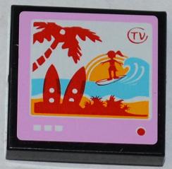 LEGO 3068pb0752 - Tegel 2 x 2 met 'TV' en Surfer en Palmboom Patroon (Sticker) - Set 3184