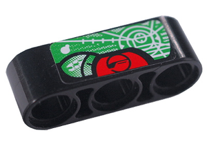 Black LEGO Technic 1x3 liftarm with three holes and a sticker featuring a green display screen pattern and red eye design.
