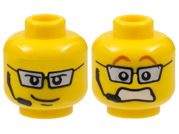 LEGO 3626pb0303 - Minifiguurhoofd, Zilveren Bril, Hoofdtelefoon, Glimlach/Bang Uiterlijk