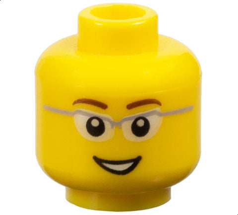 LEGO 3626pb0331 - Minifiguur hoofd met roodbruine wenkbrauwen, bril met lichtblauwgrijs frame en witte lenzen, lachende mond met tanden patroon