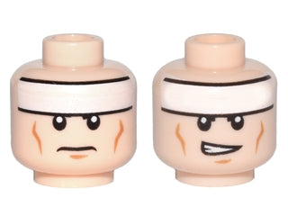 LEGO 3626pb0637 - Minifigure, Head Dual Sided White Headband, Medium Nougat Cheek Lines and Chin Dimple, Frown / Lopsided Open Mouth with Teeth Pattern