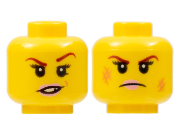 LEGO 3626pb1503 - Minifigure, Head Dual Sided Female Dark Red Eyebrows, Pink Lips, Frown, Scratches / Eyebrow Raised, Chipped Toothed Smirk Pattern