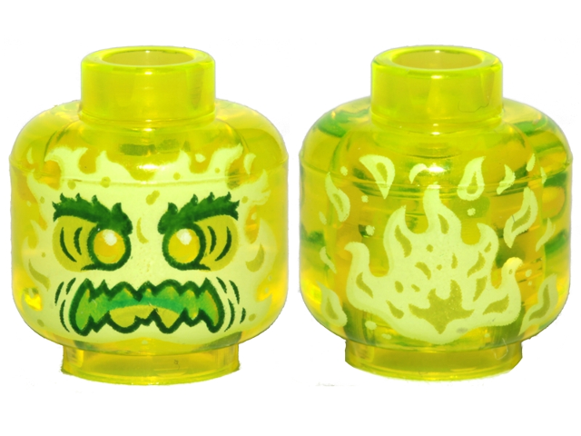 LEGO 3626pb2449 - Minifigure, Head Alien Ghost with Yellowish Green Face, Dark Green Bushy Eyebrows, Lime Eye Shadow, Green Open Mouth with Sharp Teeth and Tongue, Flames on Back Pattern