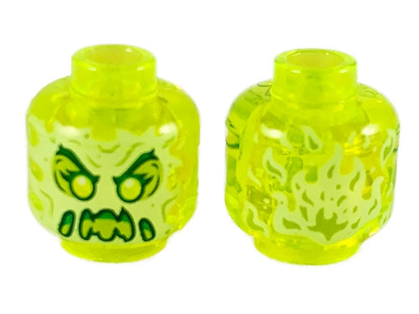 LEGO 3626pb2451 - Minifiguur, Hoofd Alien Vrouwelijke Geest met Geelgroen Gezicht, Donkergroene Wenkbrauwen, Dubbele Wimpers, Lime Oogschaduw, Groene Boze Open Mond met Slijm, Scherpe Tanden en Tong, Vlammen op Rug Patroon