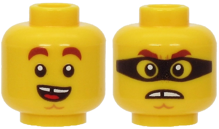 LEGO 3626pb2667 - Minifiguur hoofd dubbelzijdig roodbruin dikke wenkbrauwen, kin kuiltje, lachende mond met tong / boos met zwart masker patroon