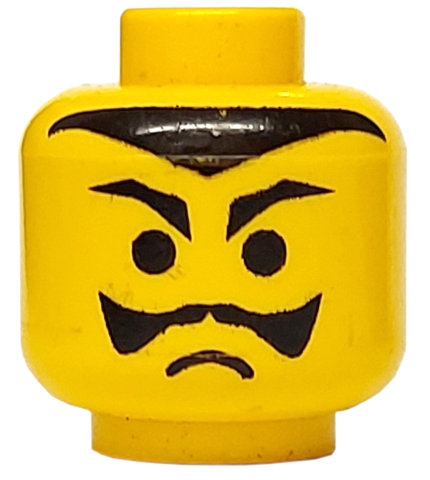 LEGO 3626px74 - Minifiguur hoofd zwart met puntige wenkbrauwen, snor en haarlijn, frons patroon