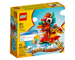 LEGO 40611 Year of the Dragon set box, featuring a colorful brick-built dragon model and details like 214 pieces.