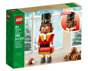 LEGO 40640 Nutcracker set box and built figure in front of a snowy window with hazelnuts. Features an alternative head build.