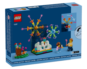 Back of LEGO 40689 Firework Celebrations box showing spinning firework models, rockets, and two minifigures.