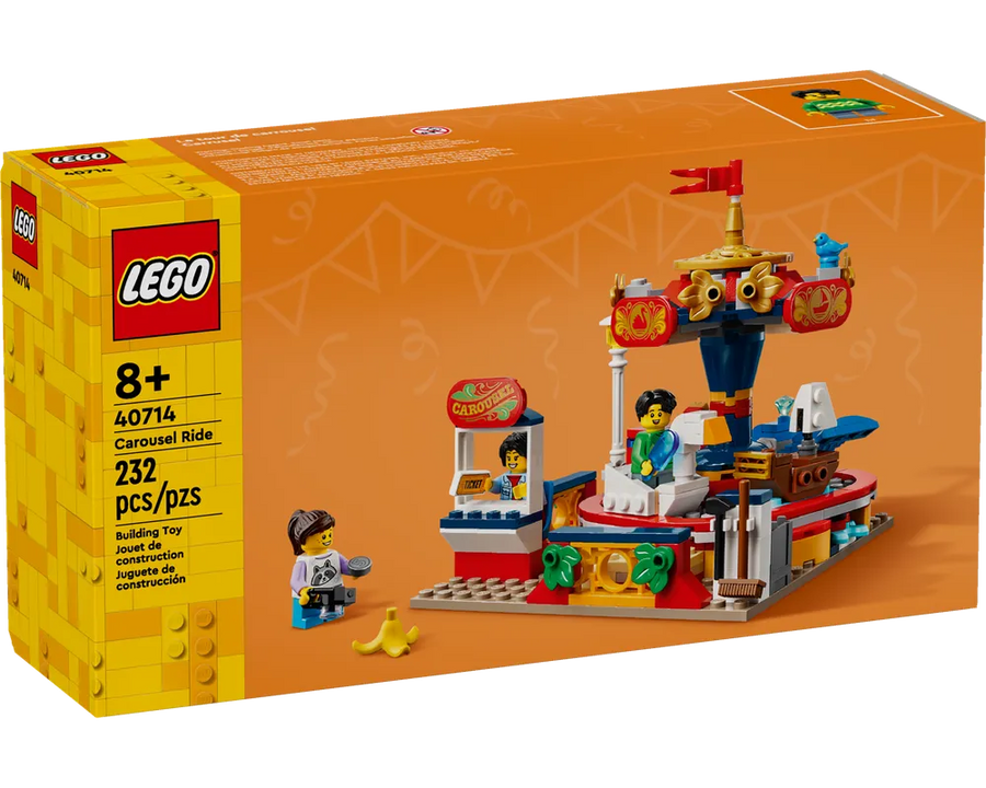 LEGO 40714 Carousel Ride set box. Displays the built carousel model, two minifigures, a ticket booth, and accessories.