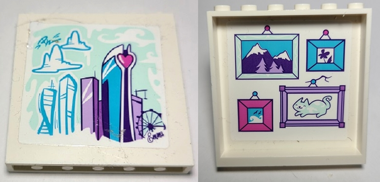 LEGO 59349pb228 - Panel 1 x 6 x 5 with City Skyline Mural Painting on Outside and Hanging Pictures of Mountains, Flower, Wave, and Cat on Inside Pattern (Sticker) - Set 41336