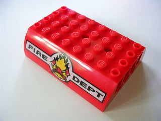 LEGO 45411pb03 - Helling, gebogen 6 x 8 x 2 dubbel met zwart 'FIRE DEPT', gele vlammen, gekruiste bijlen en helm op witte achtergrond patroon