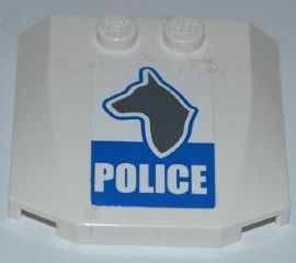 LEGO 45677pb051 - Wig 4 x 4 x 2/3 Drievoudig Gebogen met Hondenhond en 'POLICE' op Blauwe Achtergrond Patroon (Sticker) - Set 7285