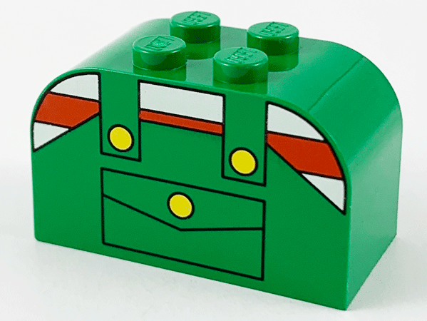 LEGO 4744px7 - Helling, Gebogen 4 x 2 x 2 Dubbel met 4 Studs met Overalls met Zak en Gele Knopen over Shirt met Rode en Witte Strepen Patroon