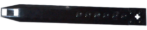Black LEGO 2x16 rotor blade plate with angled sides, two white stripes on one end, and a cross axle hole.