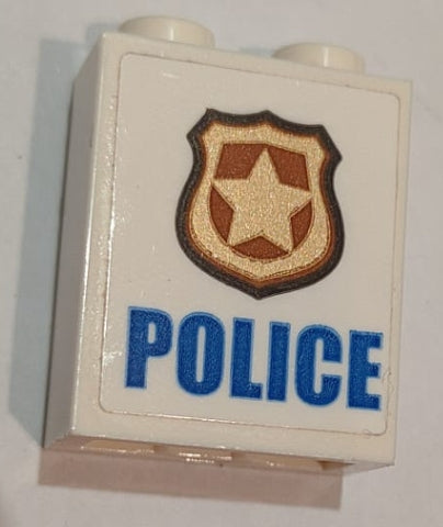 LEGO 3245cpb108 - Steen 1 x 2 x 2 met Inside Stud Holder met blauw 'POLICE', goud en koper badge patroon (sticker) - Set 60139