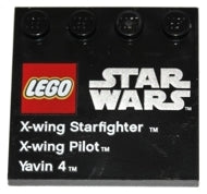 LEGO 6179pb047 - Aangepaste tegel 4 x 4 met studs aan de zijkant met LEGO Star Wars-logo, 'X-wing Starfighter', 'X-wing Pilot' en 'Yavin 4'-patroon