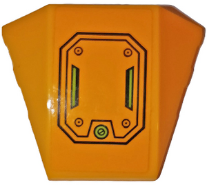 Orange LEGO 4x3 triple curved wedge part with a black octagonal hatch and lime green screw and vents pattern.