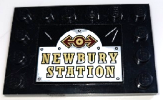 LEGO 6180pb157 - Tile, Modified 4 x 6 with Studs on Edges with Dark Red and Gold Train Logo and 'NEWBURY STATION' Pattern (Sticker) - Set 70424