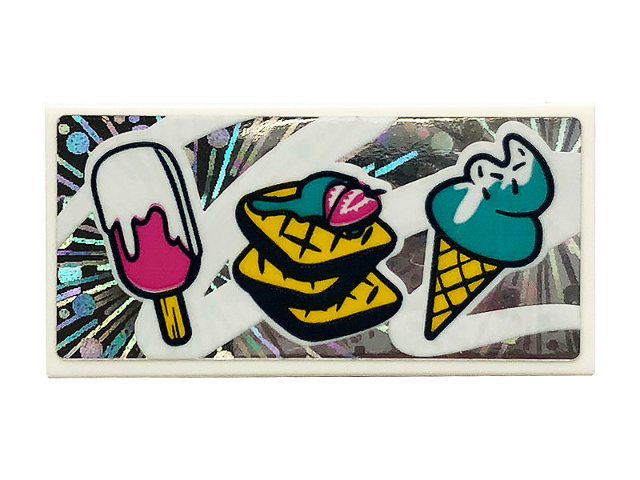 LEGO 87079pb0790 - Tile 2 x 4 with Ice Cream Cone, Ice Pop (Freezer / Lollipop / Lolly / Pole / Popsicle / Stick) and Waffles Pattern (Sticker) - Set 41375